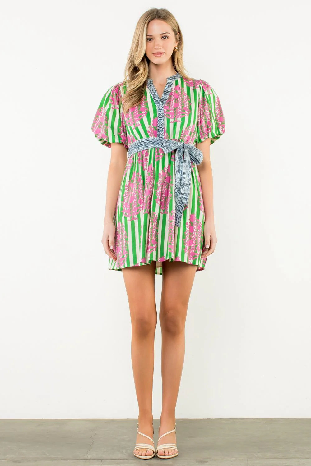 Tie Waist Puff Sleeve Print Dress