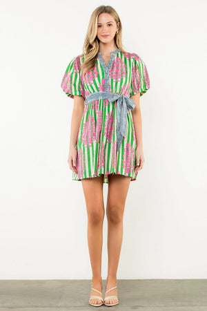 Tie Waist Puff Sleeve Print Dress